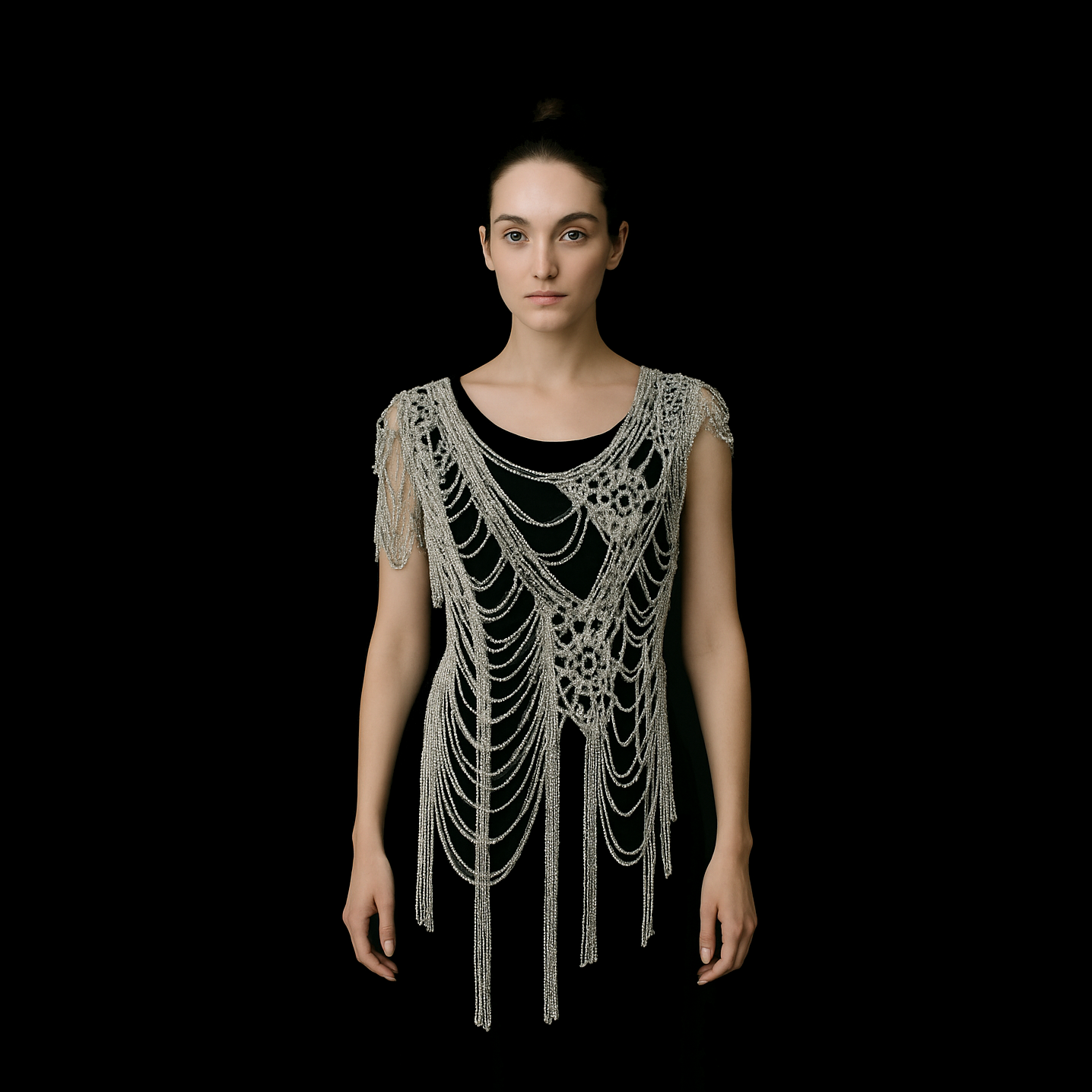 Женщина в топе Nevoda из серебристых цепей, плетение как сеть воспоминаний и потоков света.