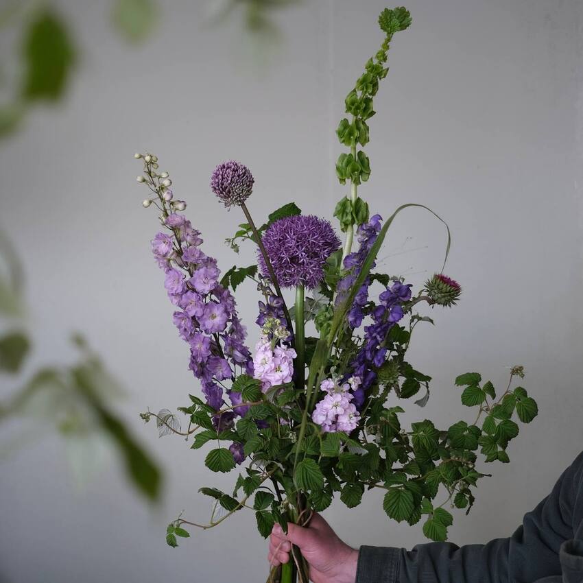 Букет сиреневый с молюцеллой, маттиолой и колючкой