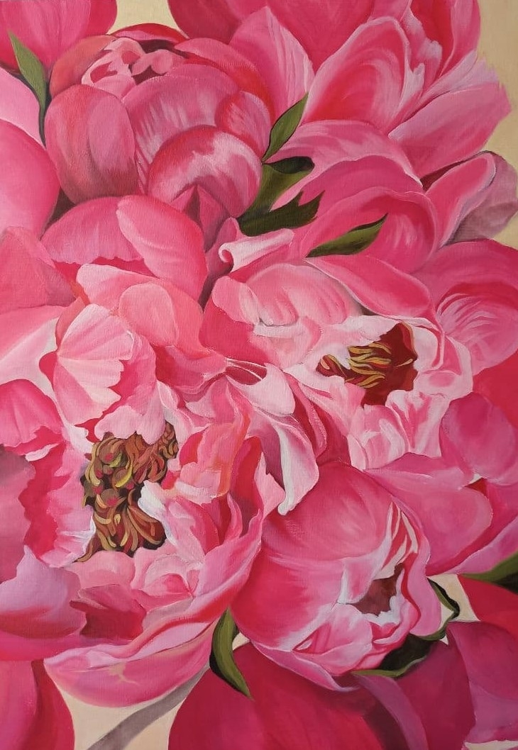 Картина на холсте акрилом пионы розовые