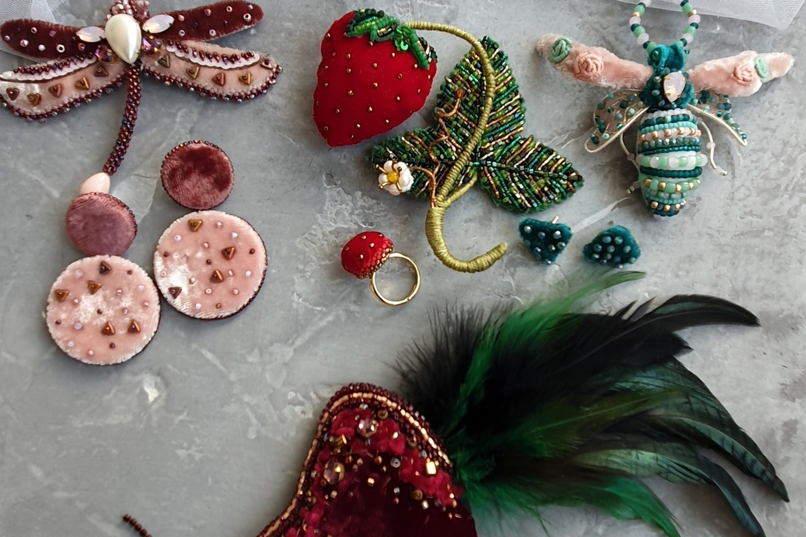 брошь и серьги ручной работы