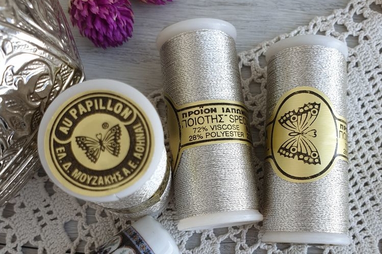 металлизированные нитки с бабочкой, серебро, япония, греция