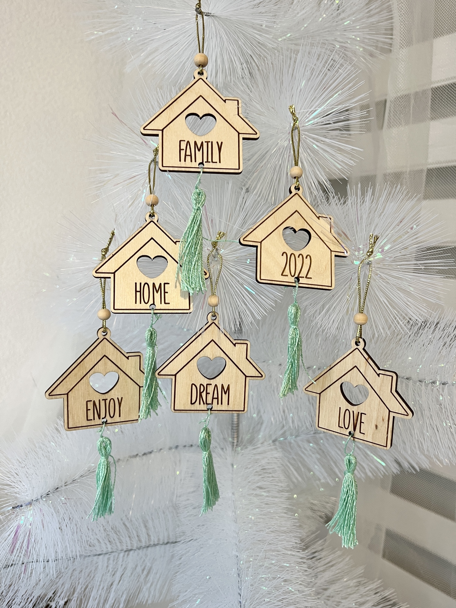 Набор ёлочных украшений "Домики" с желаниями, мятные