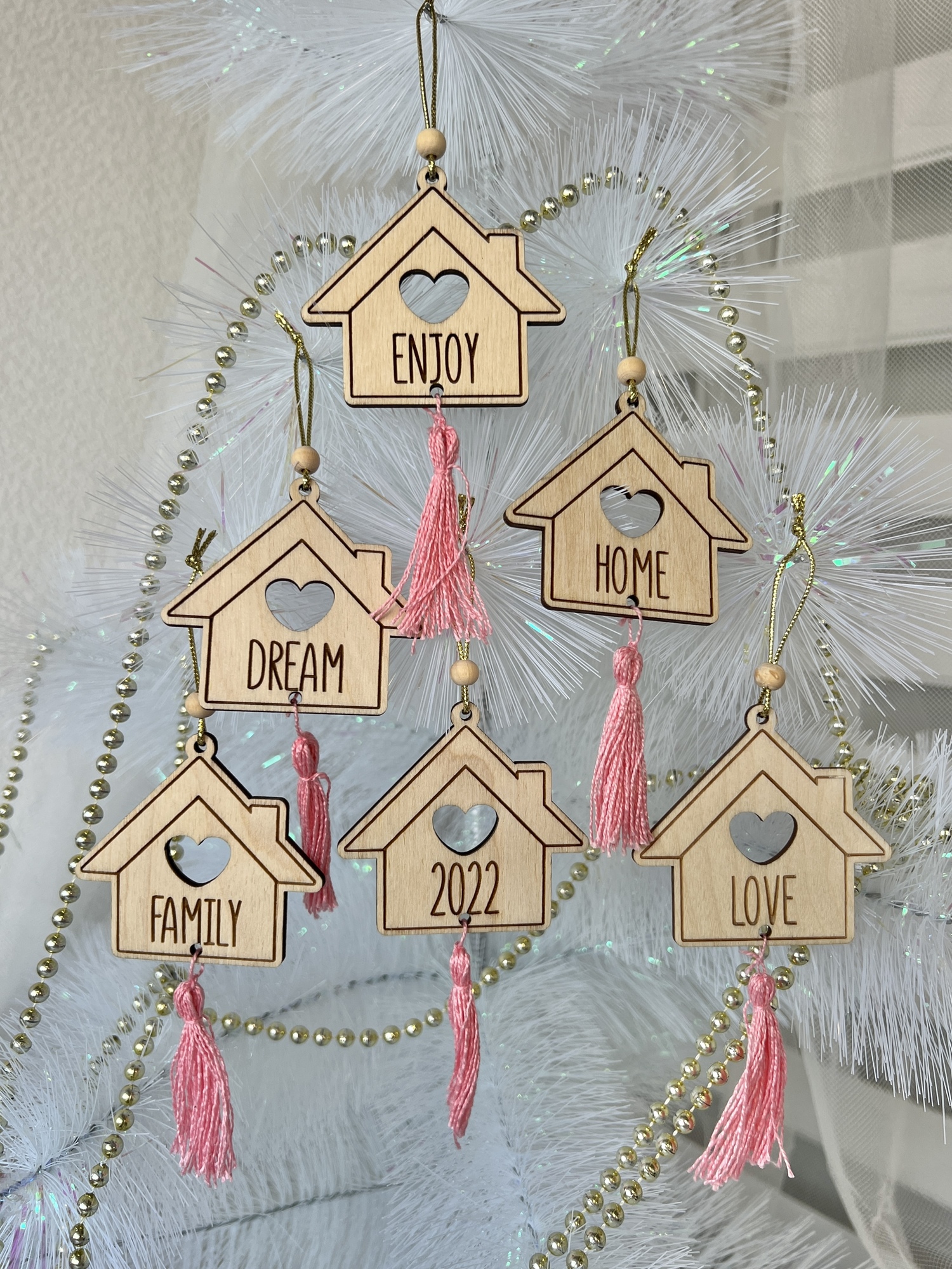 Набор ёлочных украшений "Домики" с желаниями, розовые