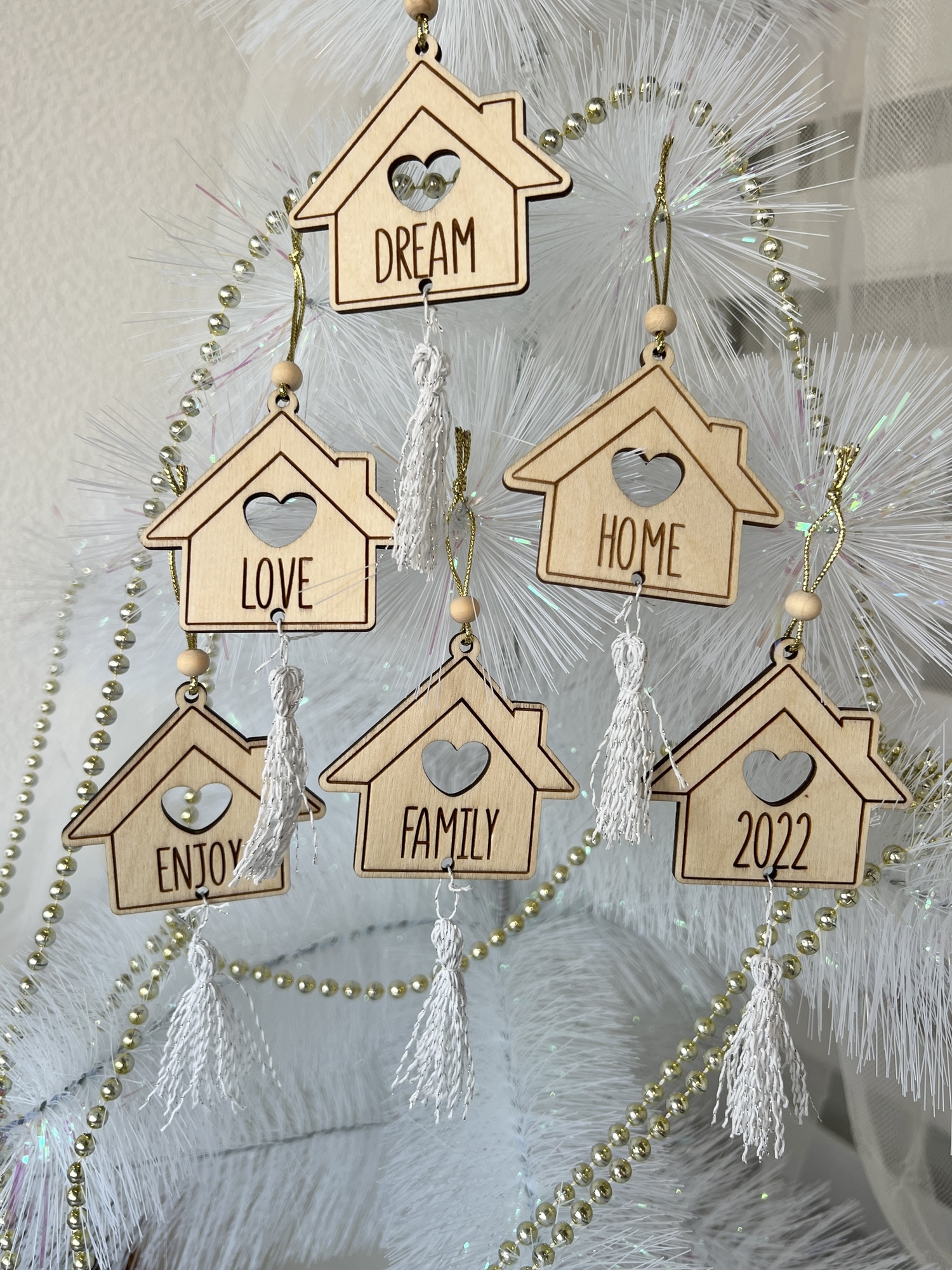 Набор ёлочных украшений "Домики" с желаниями, белые