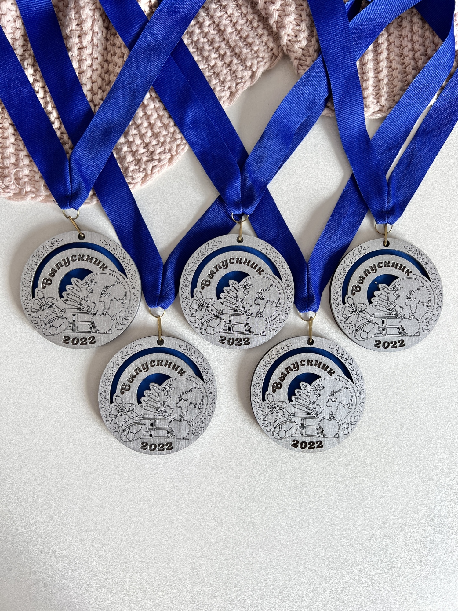 Медали из дерева "Глобус" синий + серебро 5шт