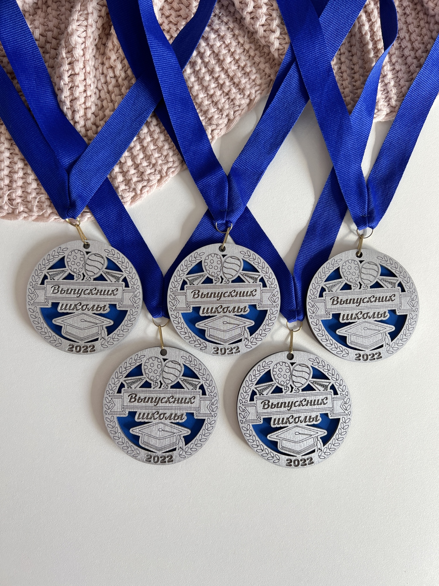 Медали из дерева "Шары" синий + серебро 5шт