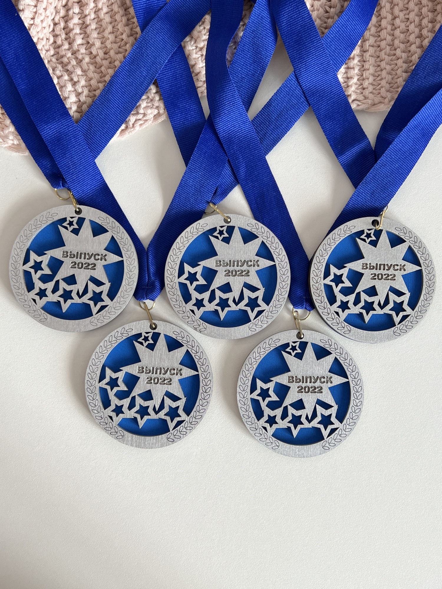 Медали из дерева "Звёзды" синий + серебро 5шт