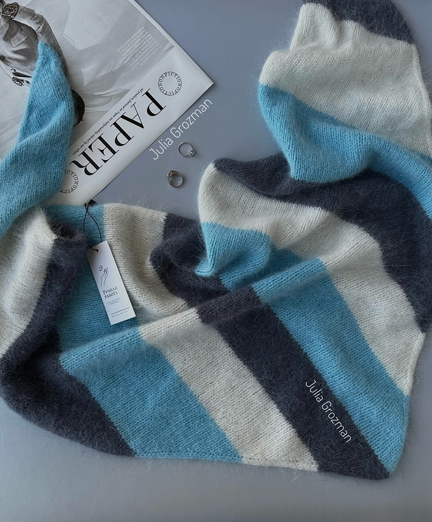 Вязаная полосатая косынка (молочный/графит/бирюзовый)