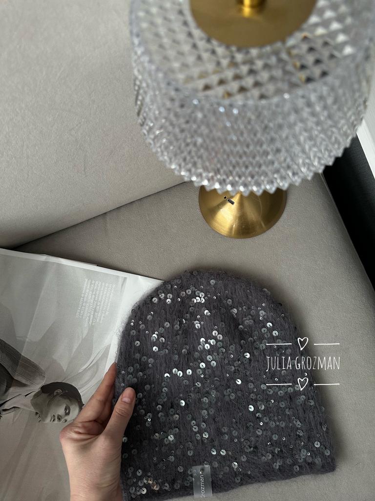 Вязаная шапка с пайетками (графит)