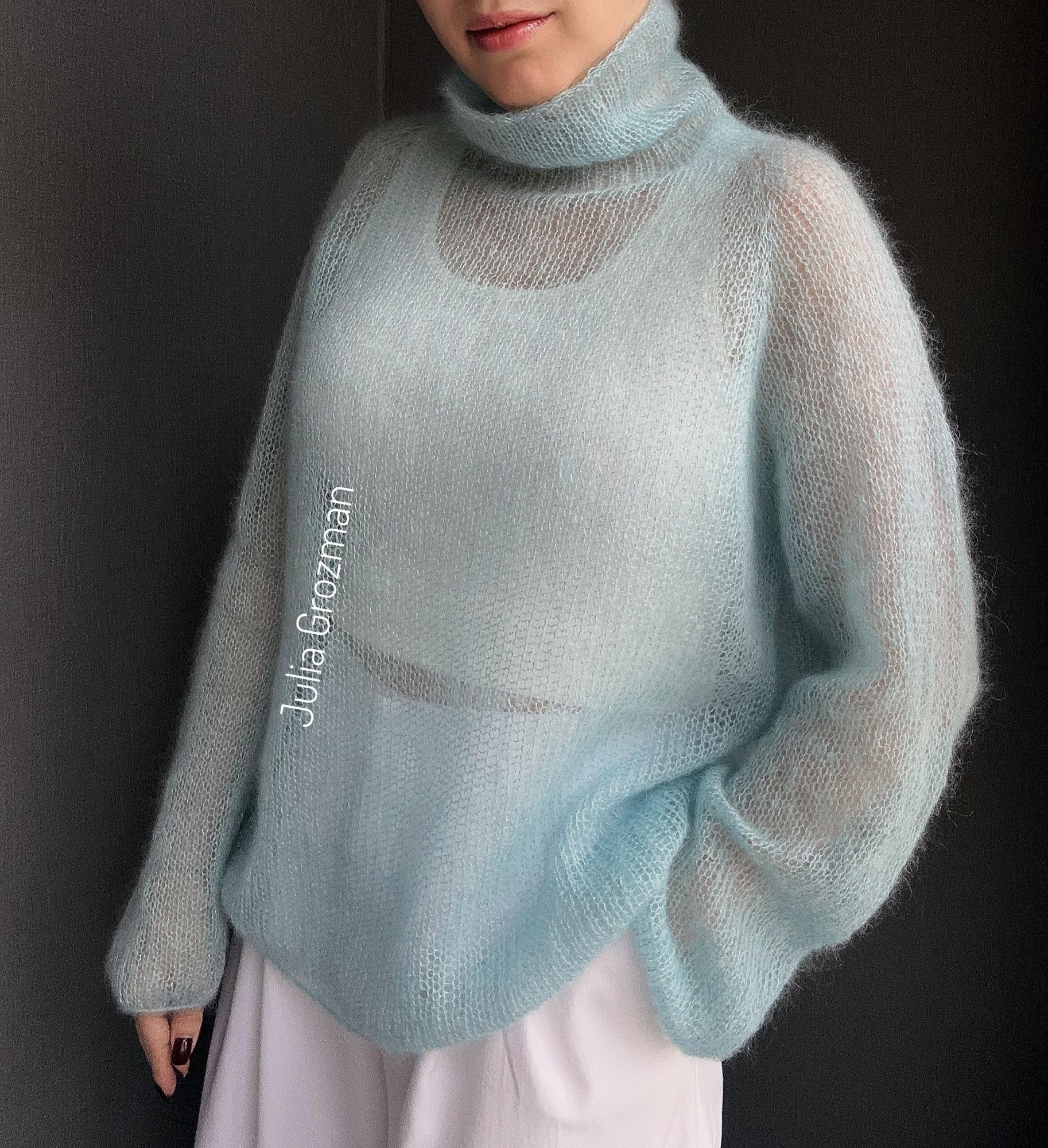 Вязаный свитер паутинка из мохера (бледно-бирюзовый)