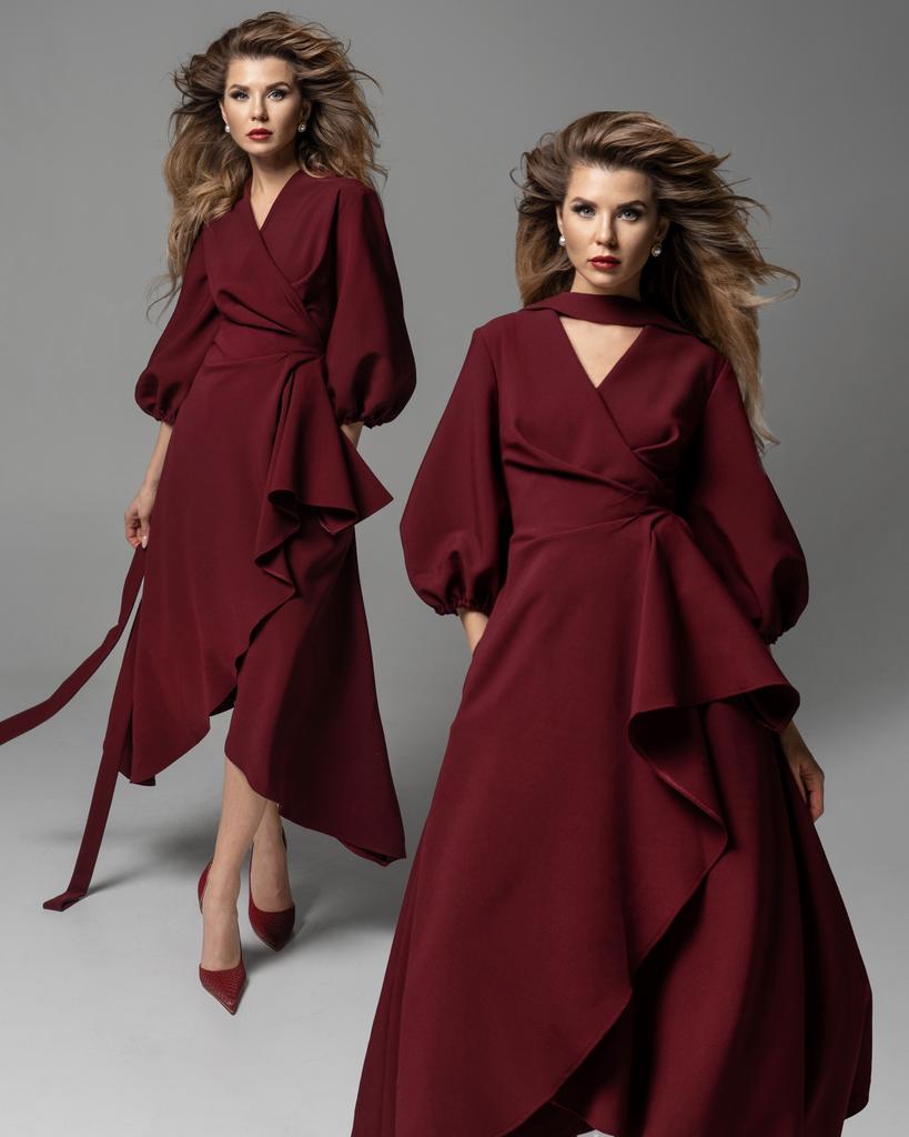 Платье на запах с рукавом (бордовый)