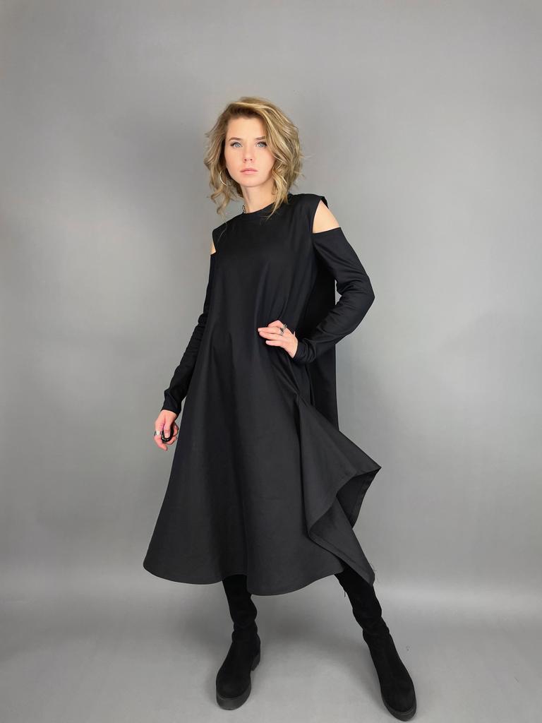 Футболка-платье с оборкой и рукавом (черный)