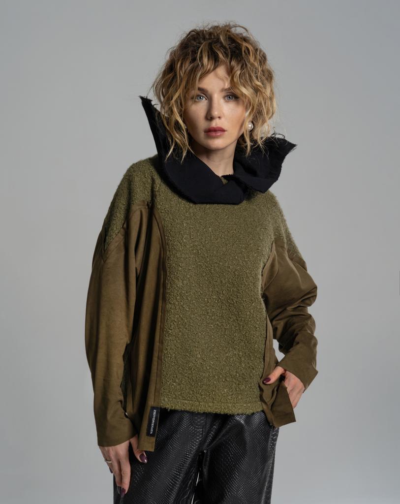 Пуловер из замши и эко-лодена (зеленый)