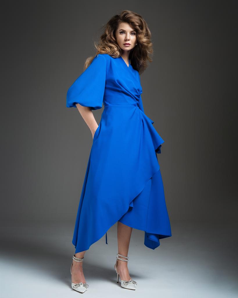 Платье на запах с рукавом (синий)