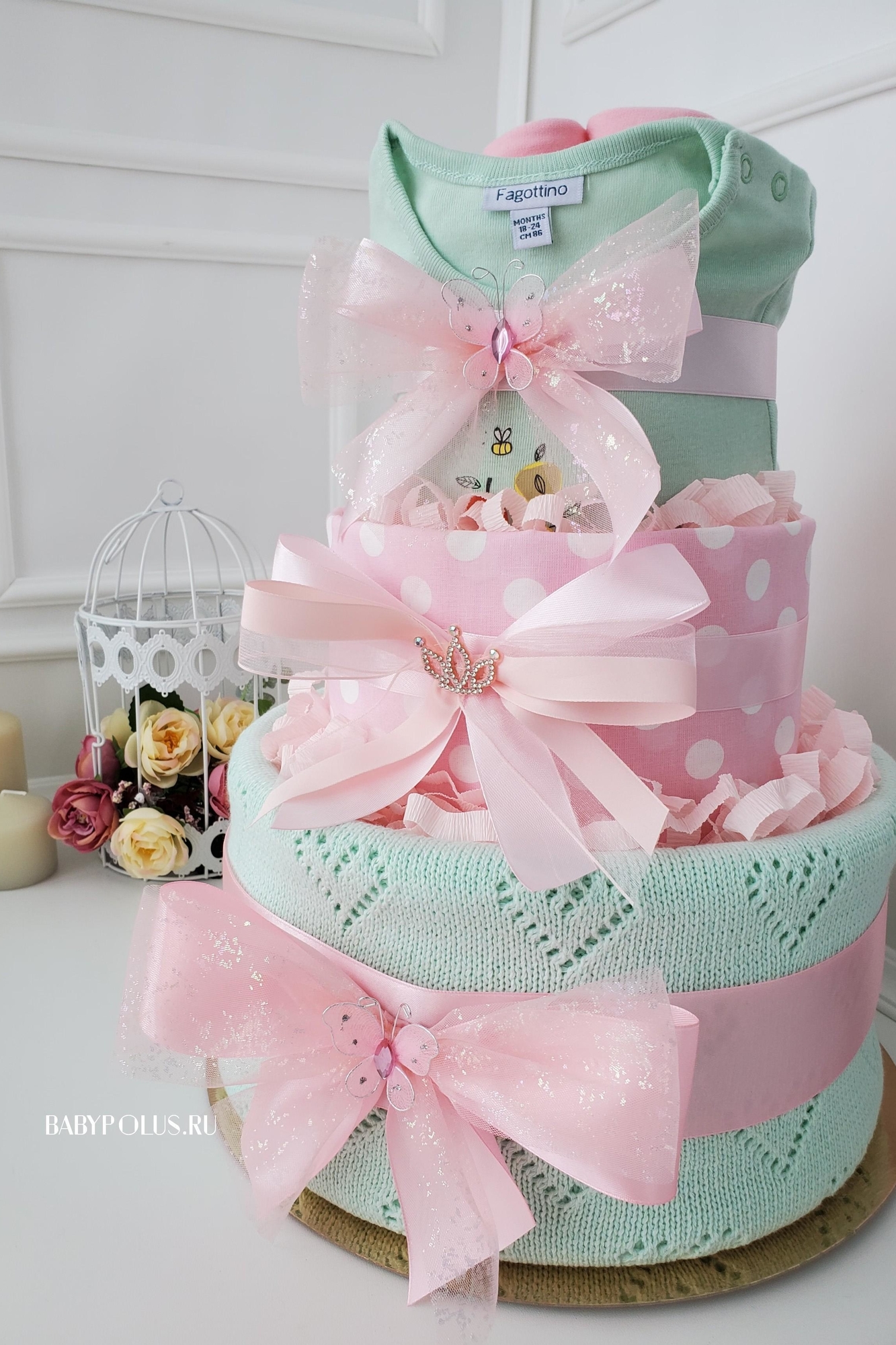 Торт из подгузников памперсов для девочки "Мятный в горох"