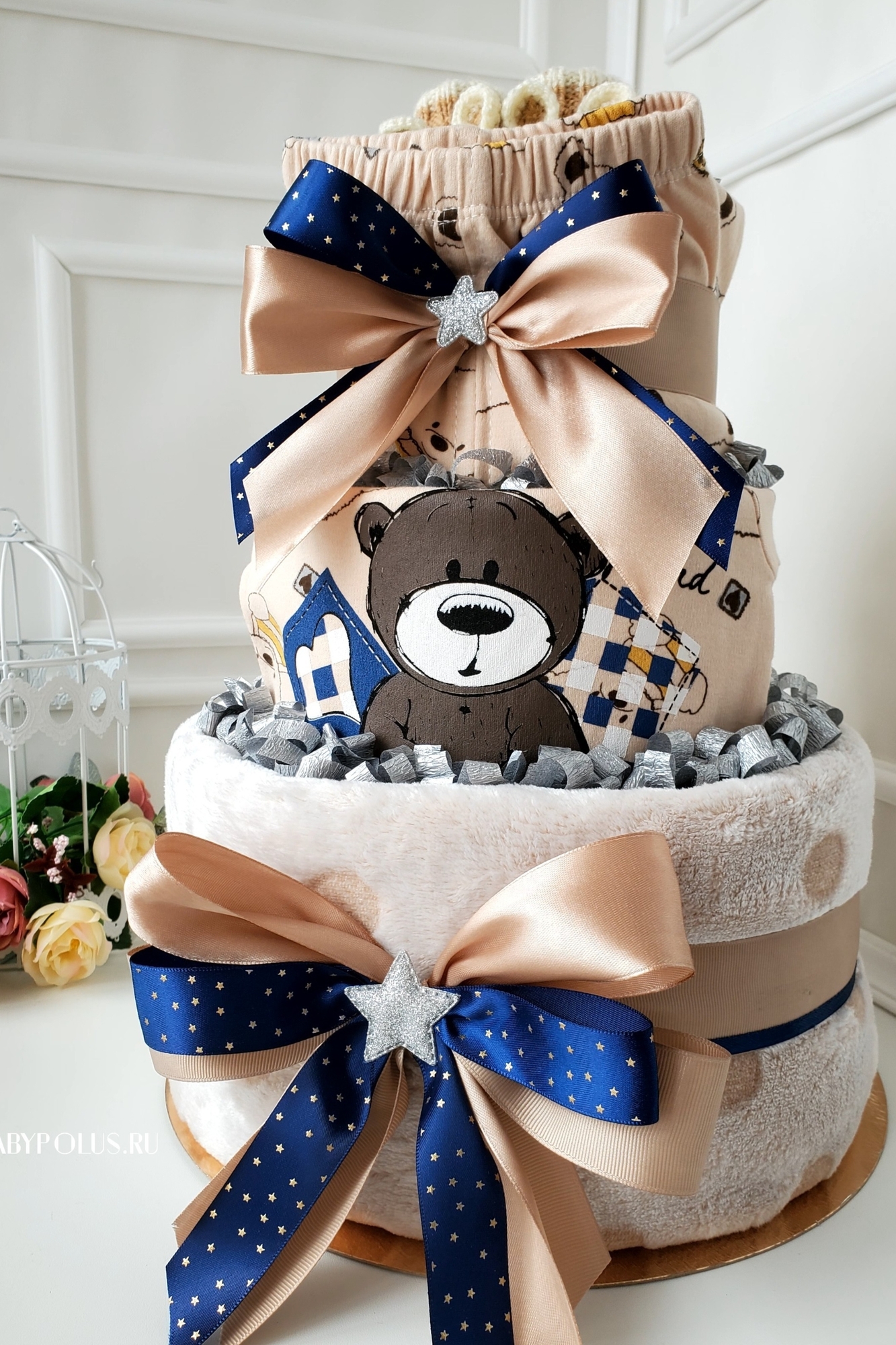 Торт из подгузников памперсов на рождение мальчика "Плюшевый Мишка"