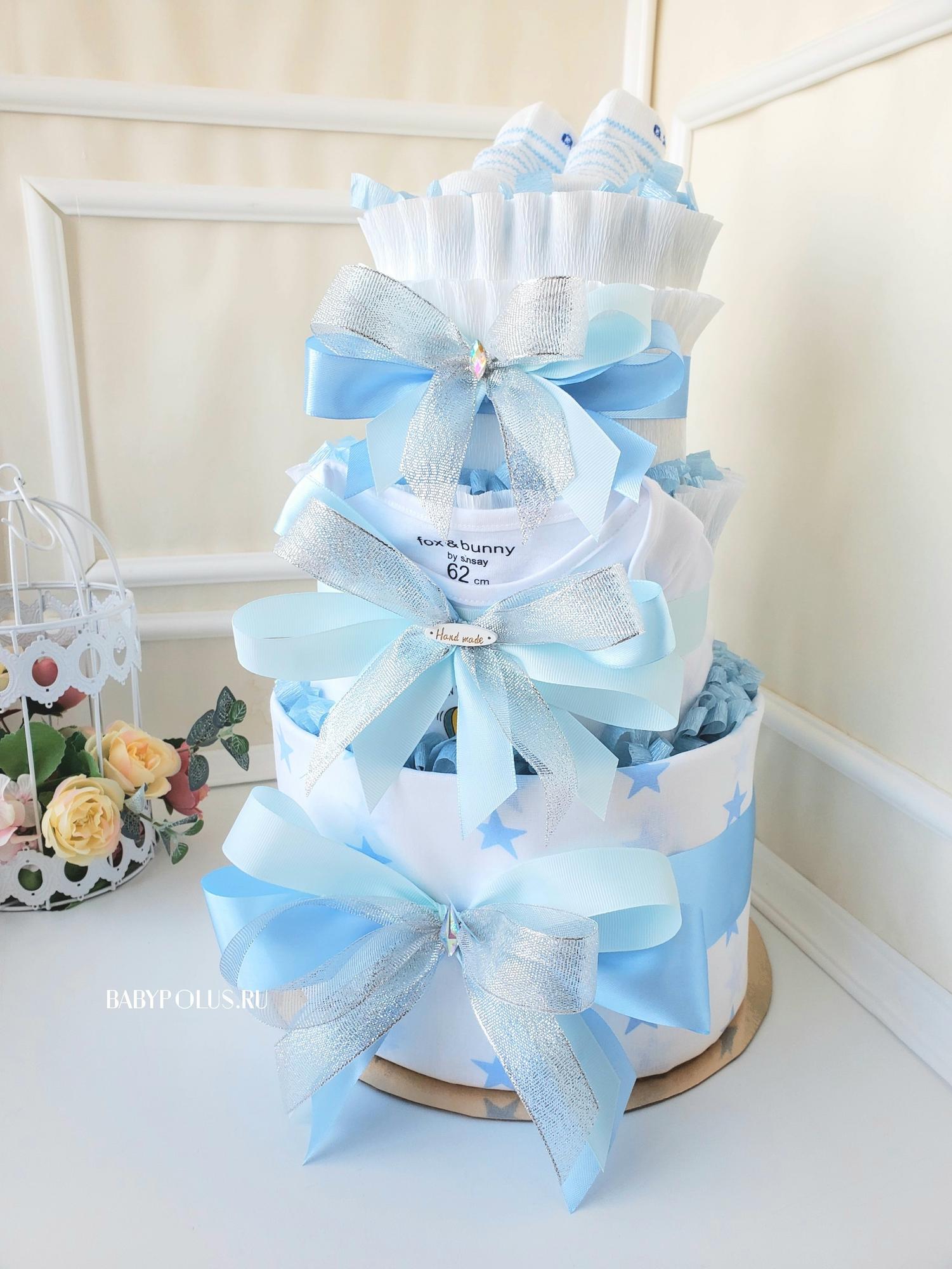 Торт из памперсов для мальчика "Небесно-голубой"