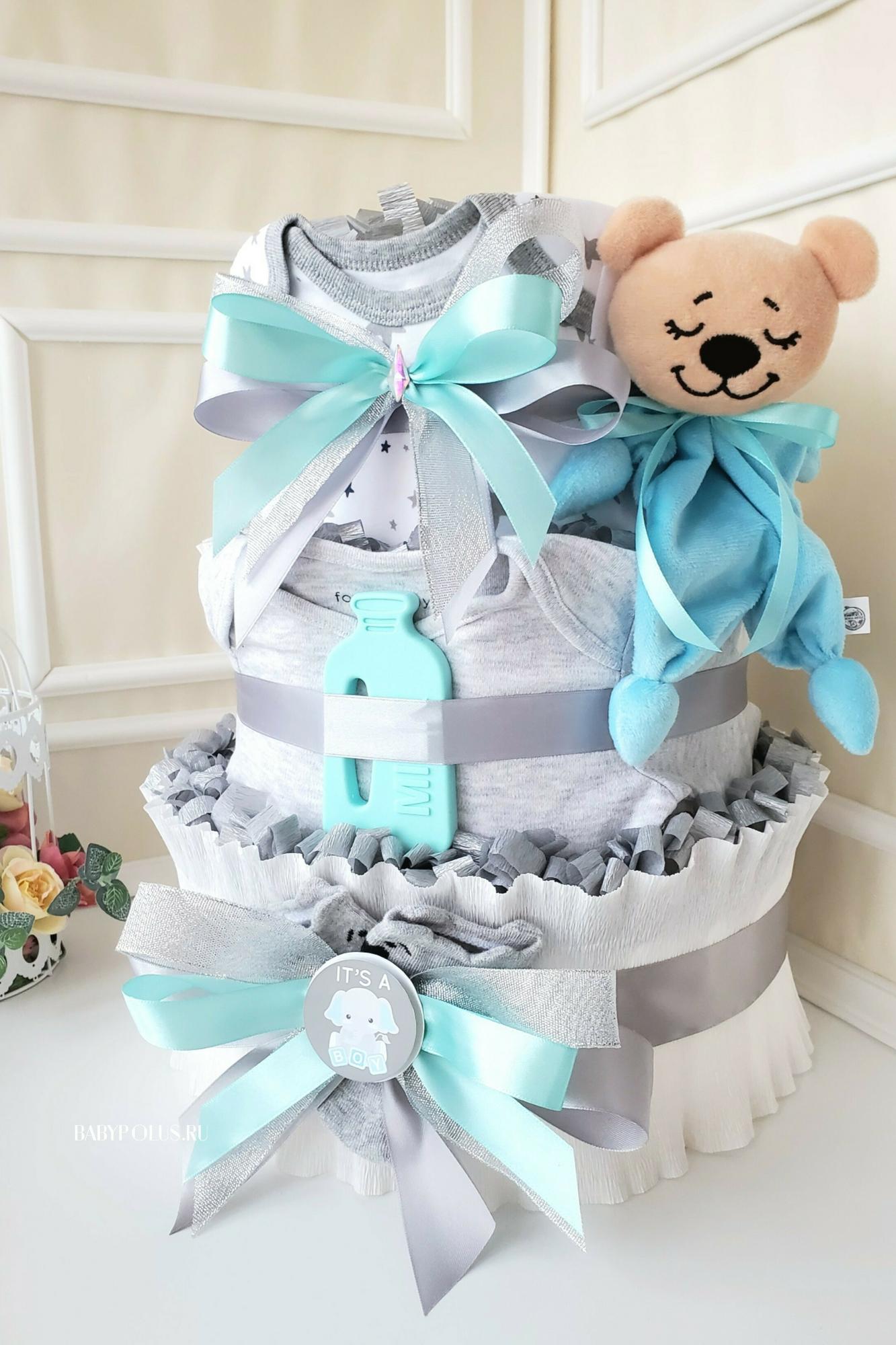 Торт из памперсов для мальчика "Мятно-серый"