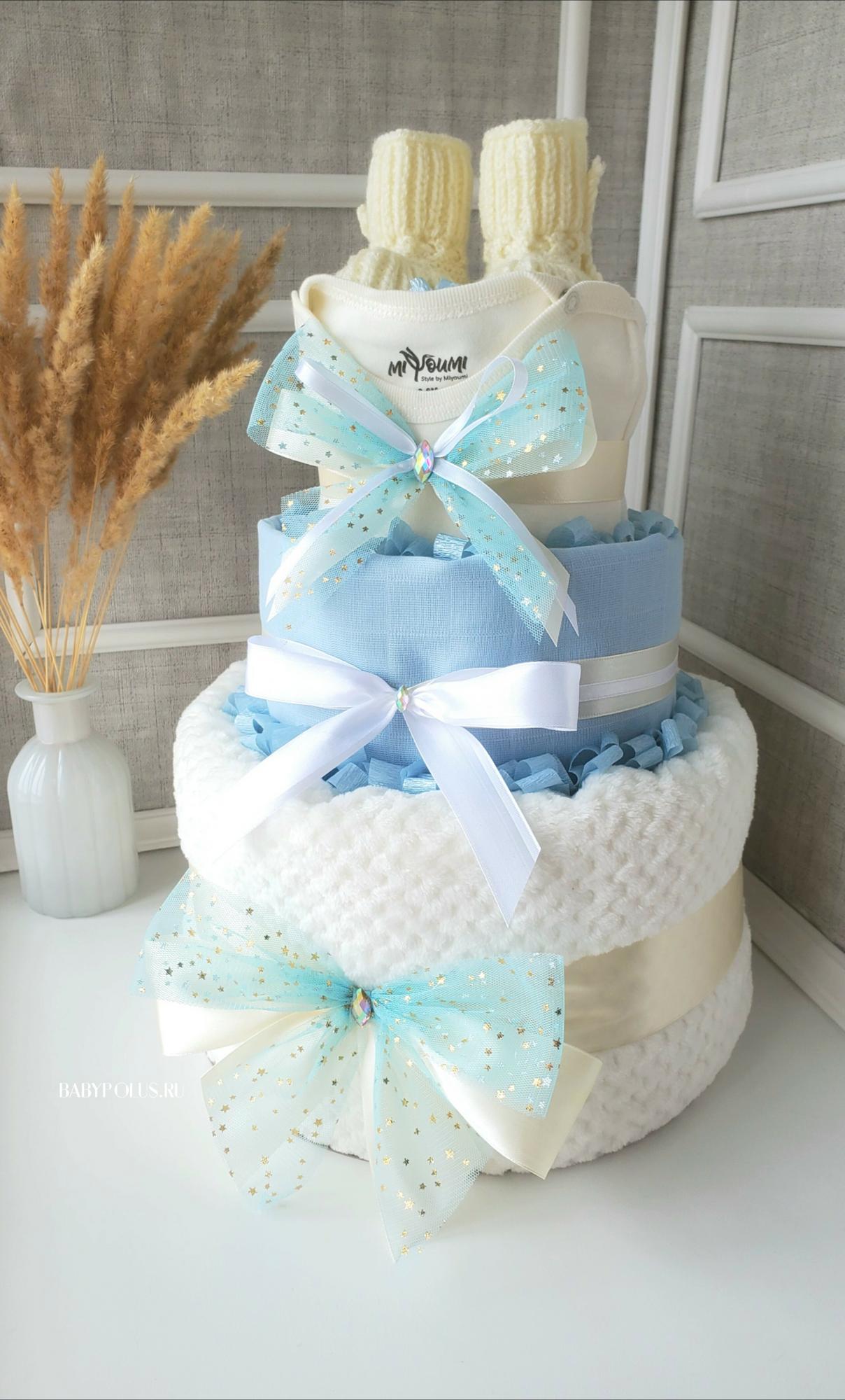 Торт из подгузников на рождение мальчика с плюшевым пледиком