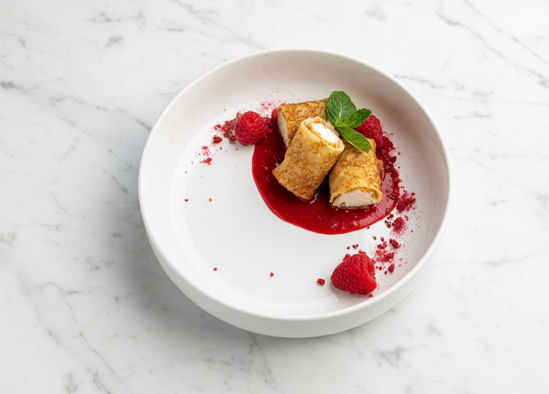 Кукурузные блины с творожным кремом и малиновым соусом