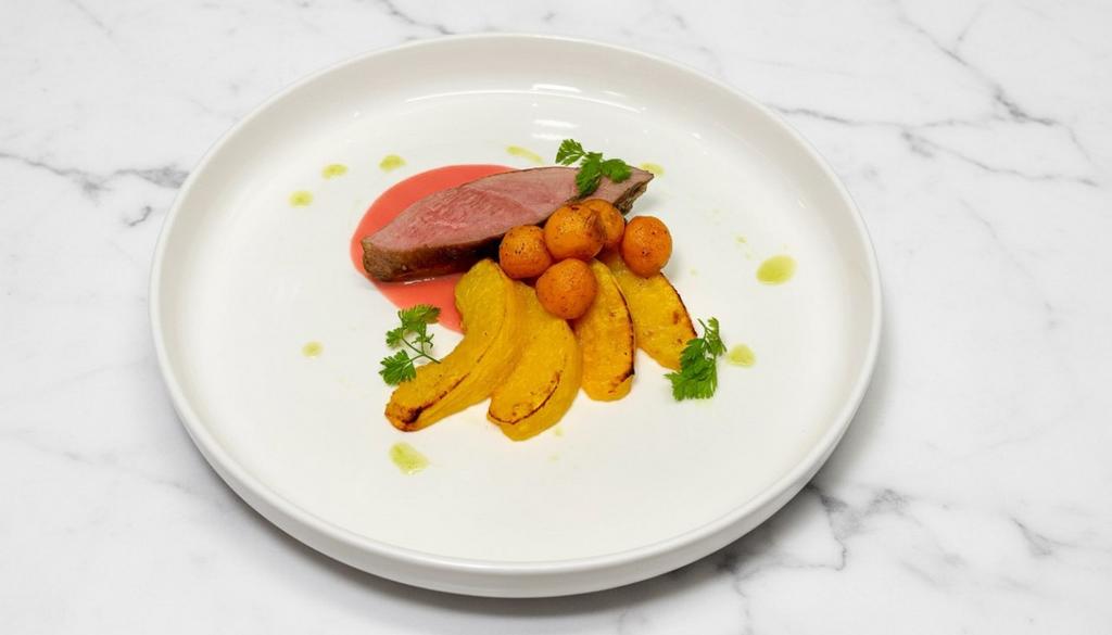 Утиная грудка с айвой, бататом и клюквенно-яблочным соусом 260 гр