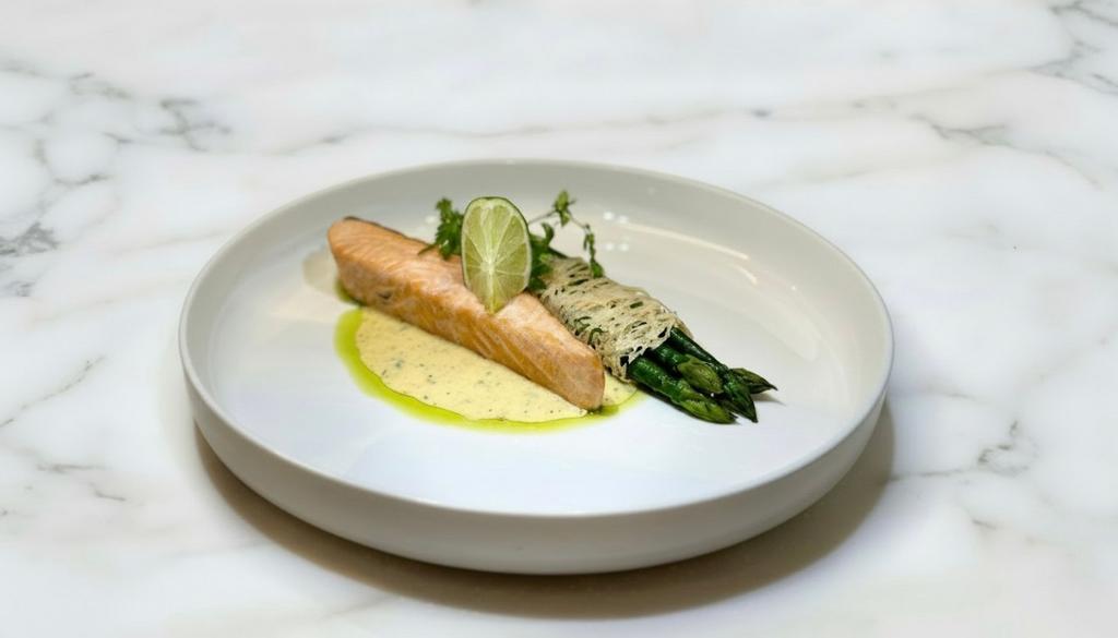 Филе мурманского лосося с зелёной спаржей, катаифи и соусом беарнез 220 гр