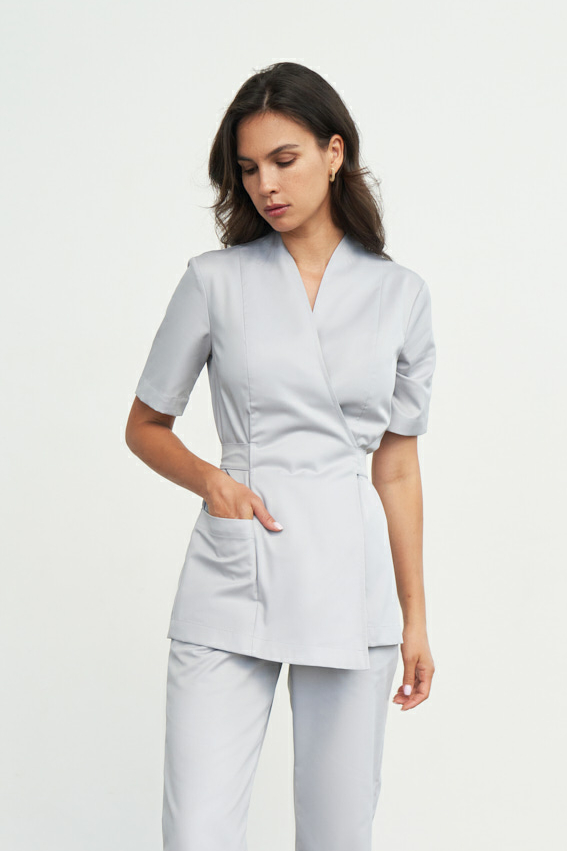 Хирургическая блуза на запахе с поясом жемчужно-серая KL 210