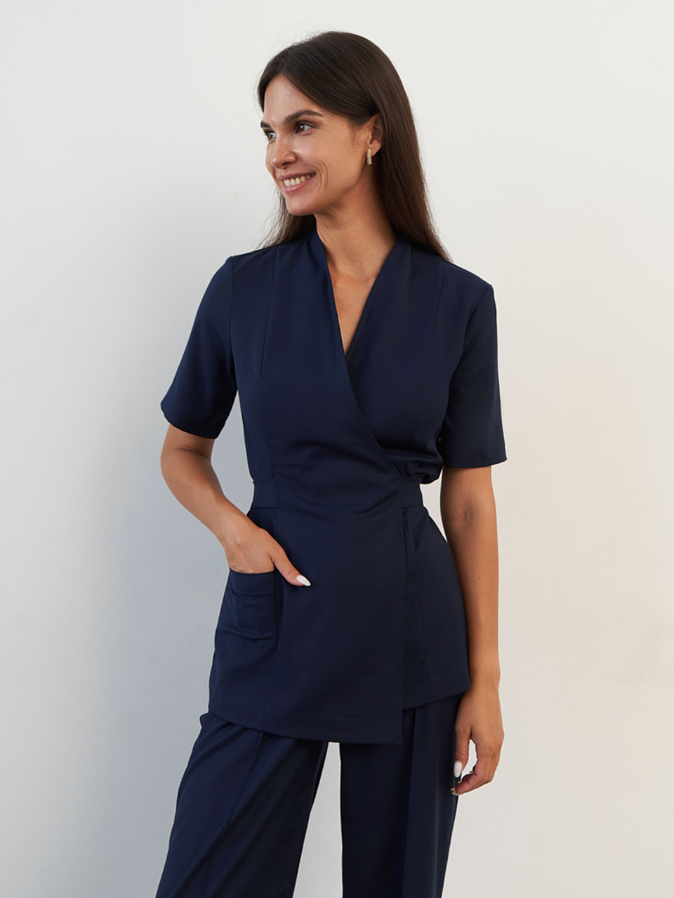 Хирургическая блуза на запахе с поясом синяя KL 210