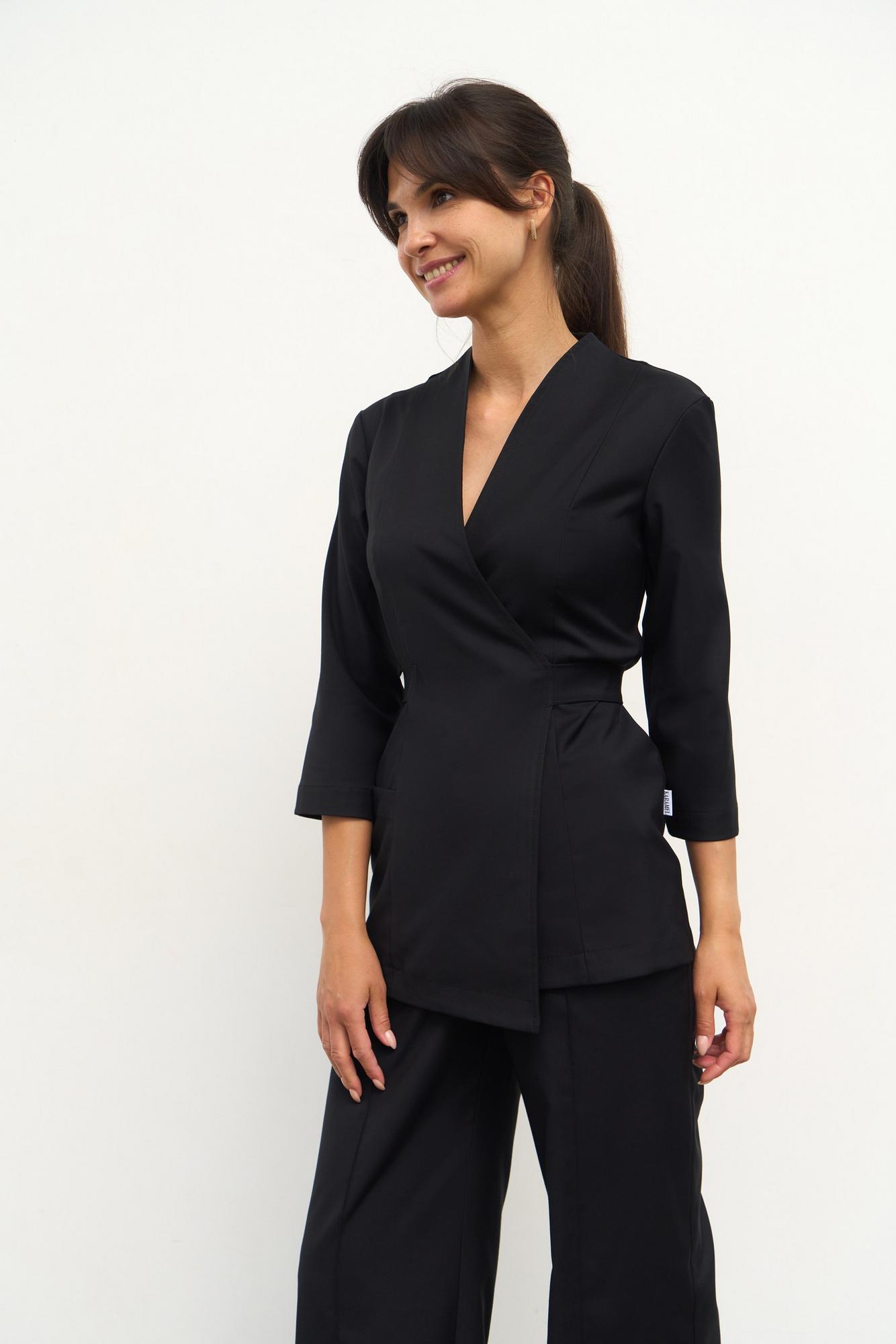 Блуза на запахе с поясом с рукавом 3/4 черная KL 211