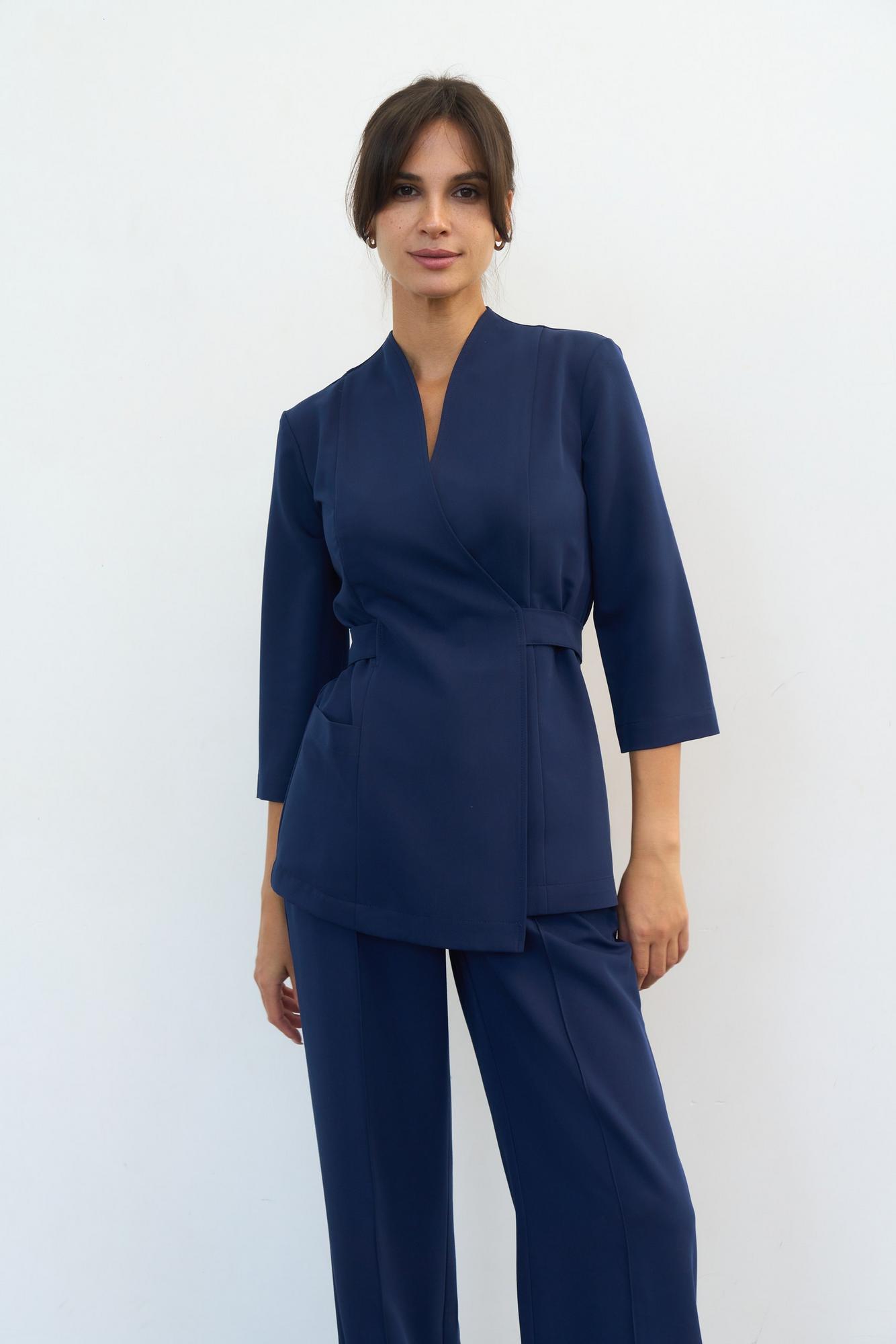 Блуза на запахе с поясом с рукавом 3/4 синяя KL 211