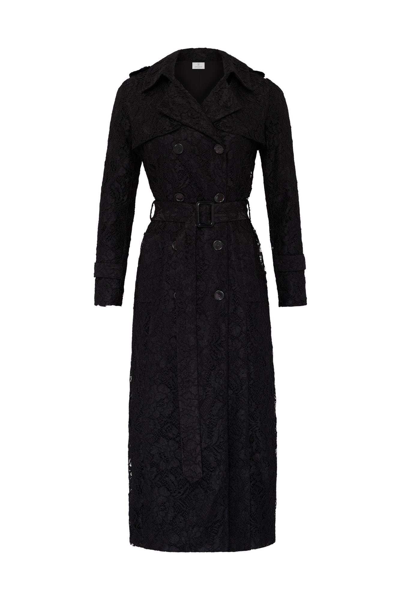 Двубортный тренч из кордового кружева чёрного цвета