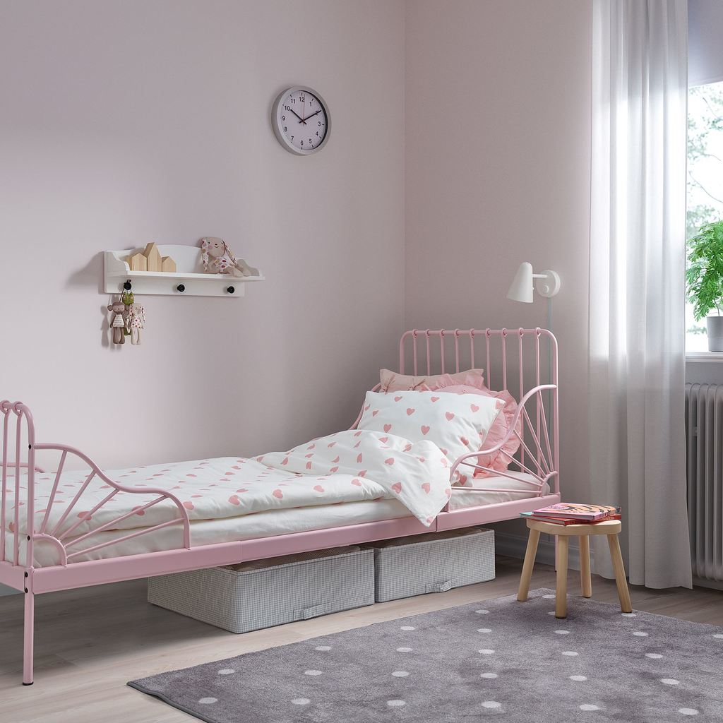MINNEN/LUROY IKEA Раздвижная кровать с реечным дном, светло-розовый 80x200 см