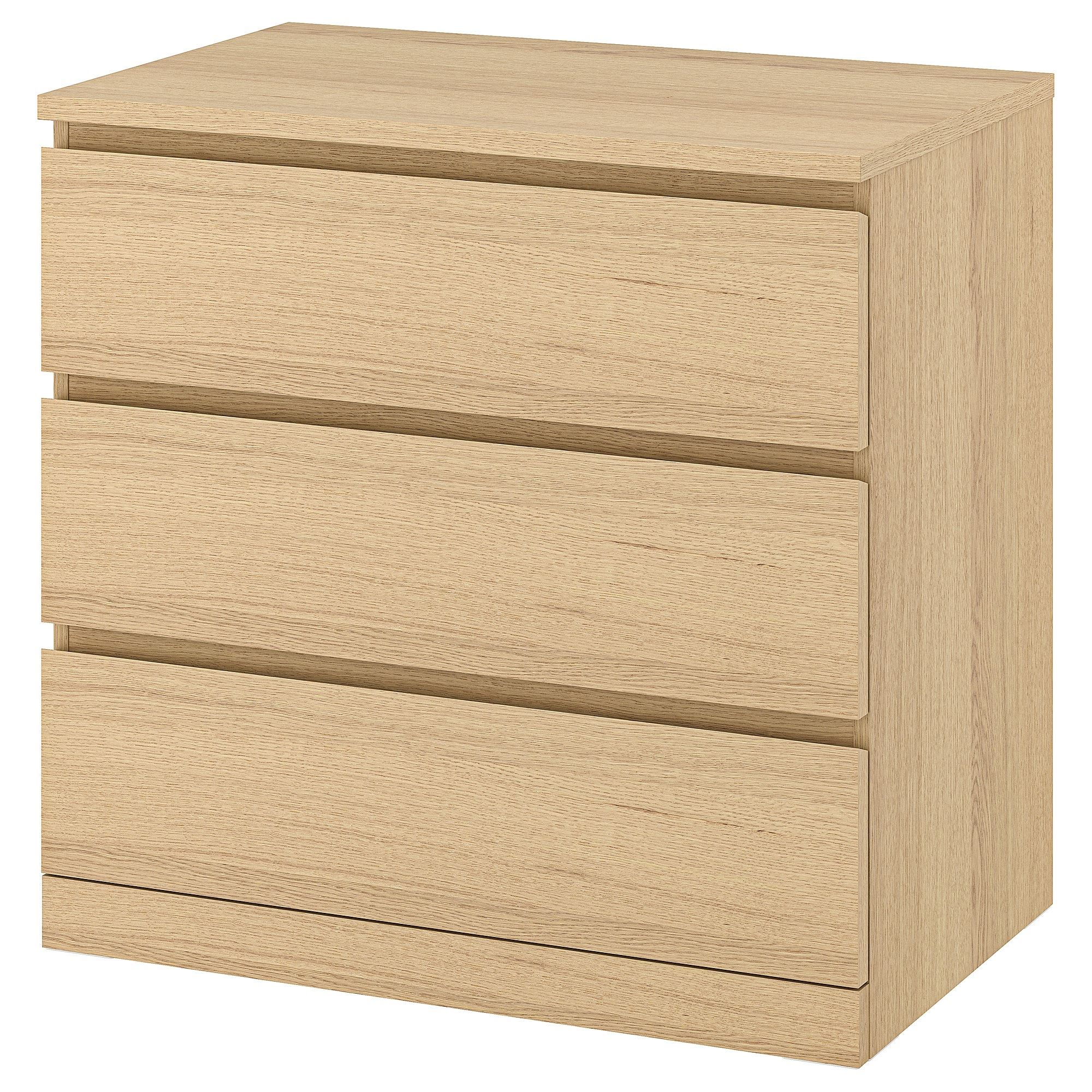 MALM IKEA Комод с 3 ящиками, 80x78 см, дубовый шпон, беленый