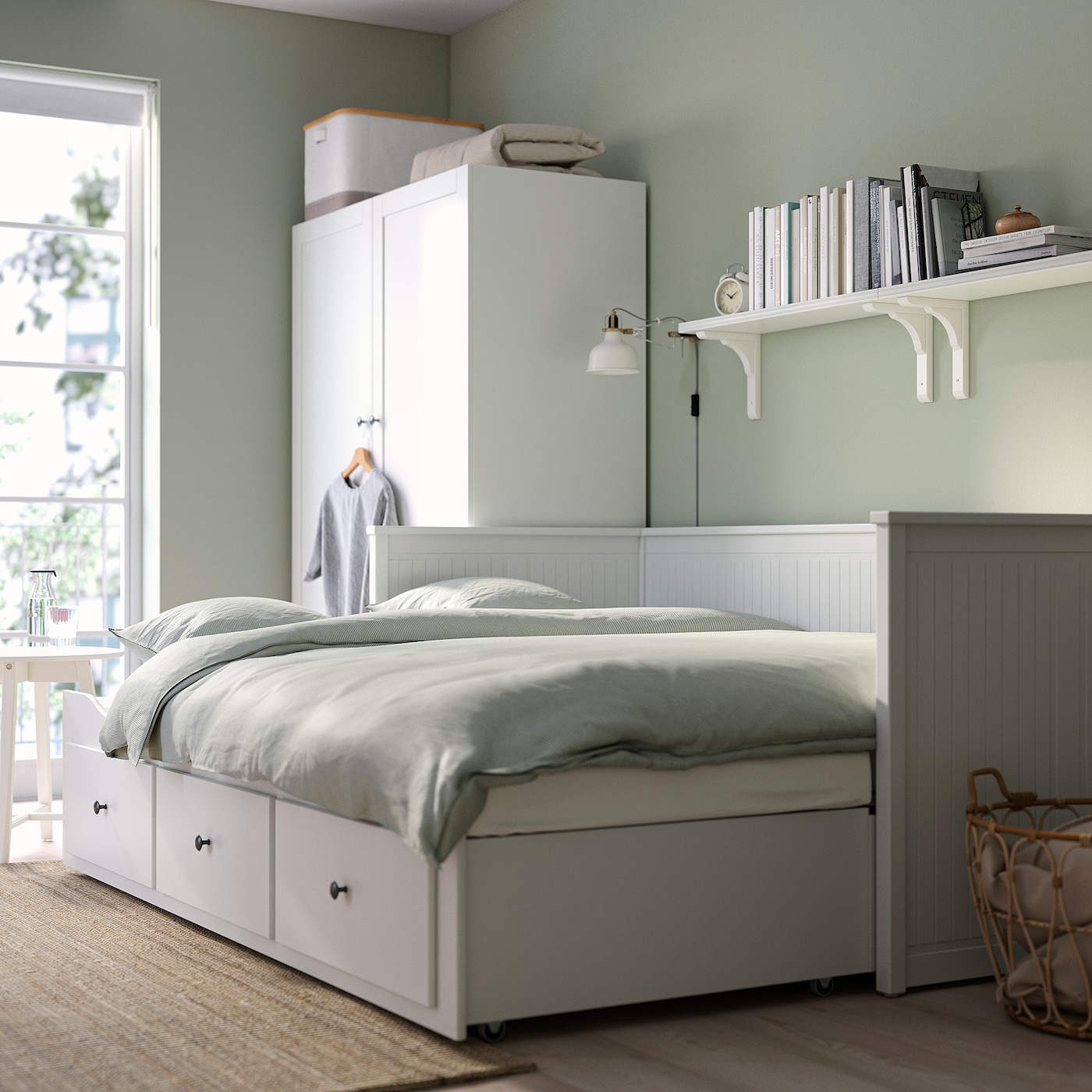 HEMNES/AFJALL IKEA Каркас кровати-кушетки с 3 ящиками/c 2 матрасами, белый 80x200 см