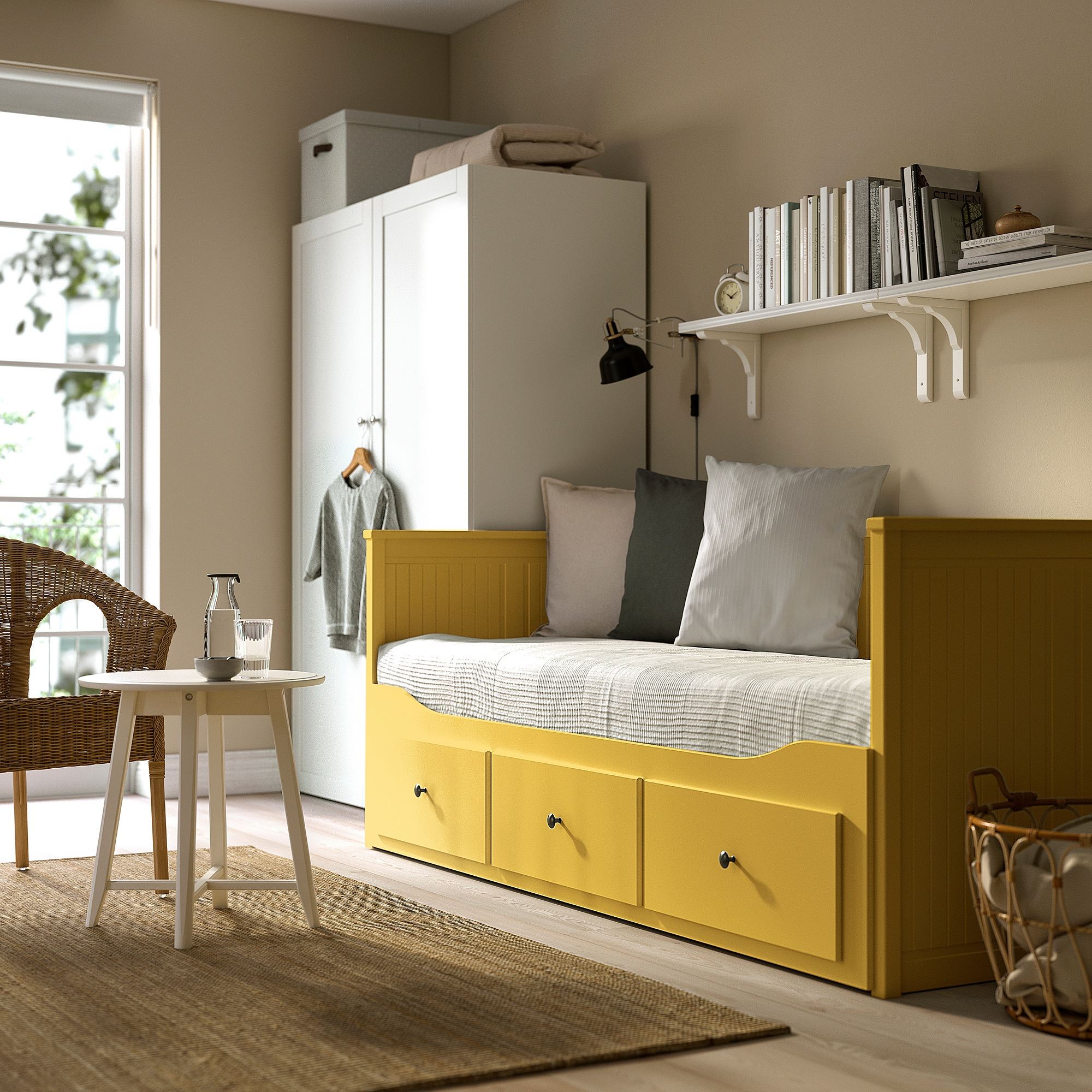 HEMNES/AGOTNES IKEA Каркас кровати-кушетки с 3 ящиками/c 2 матрасами, жёлтый 80x200 см