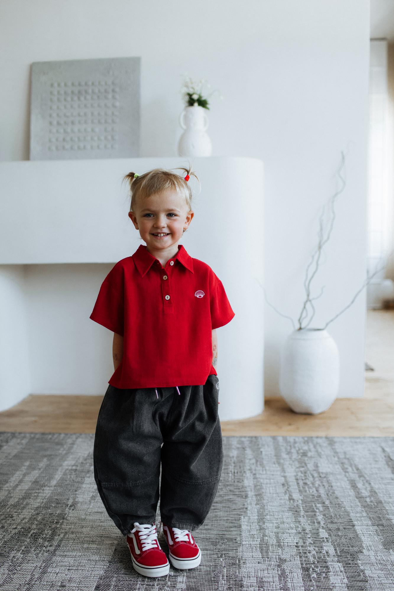 Льняная рубашка-поло красная