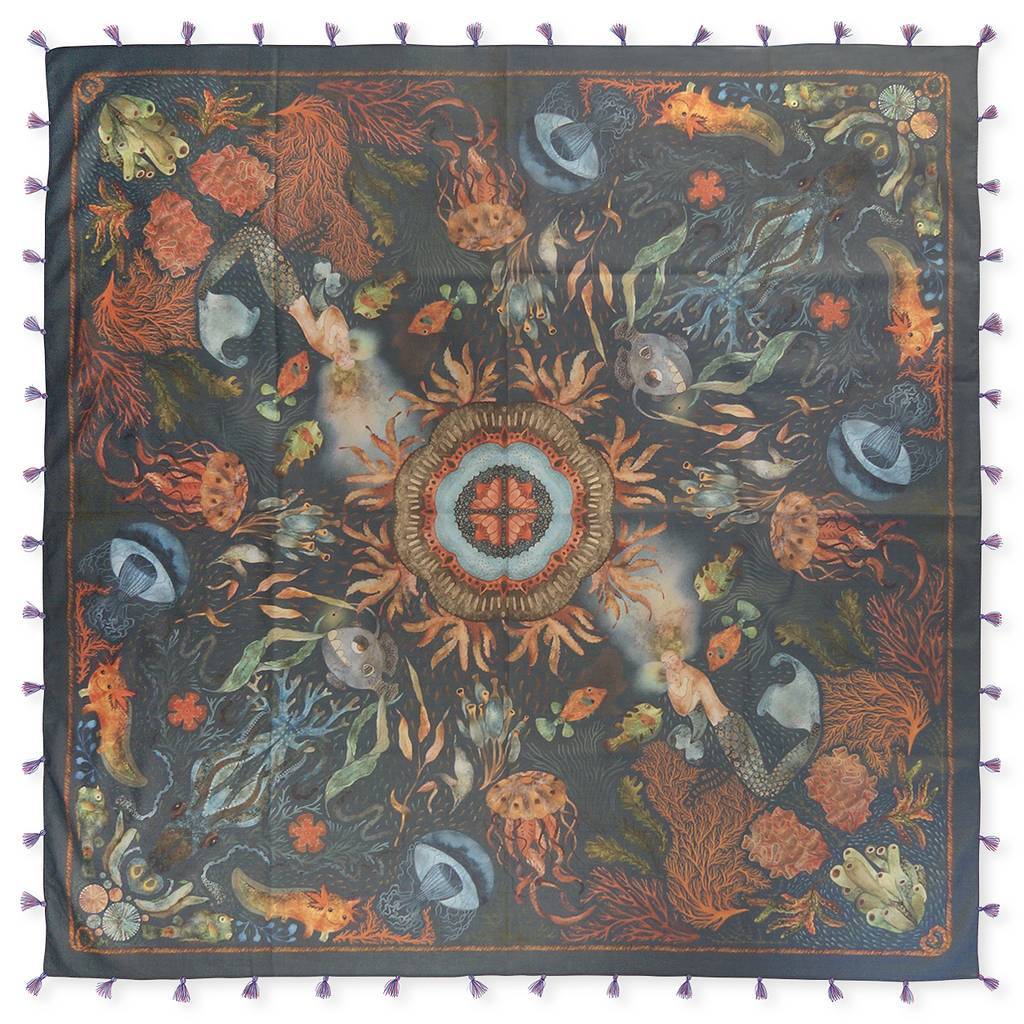 The sea is calm. Square cotton scarf, 130x130 cm