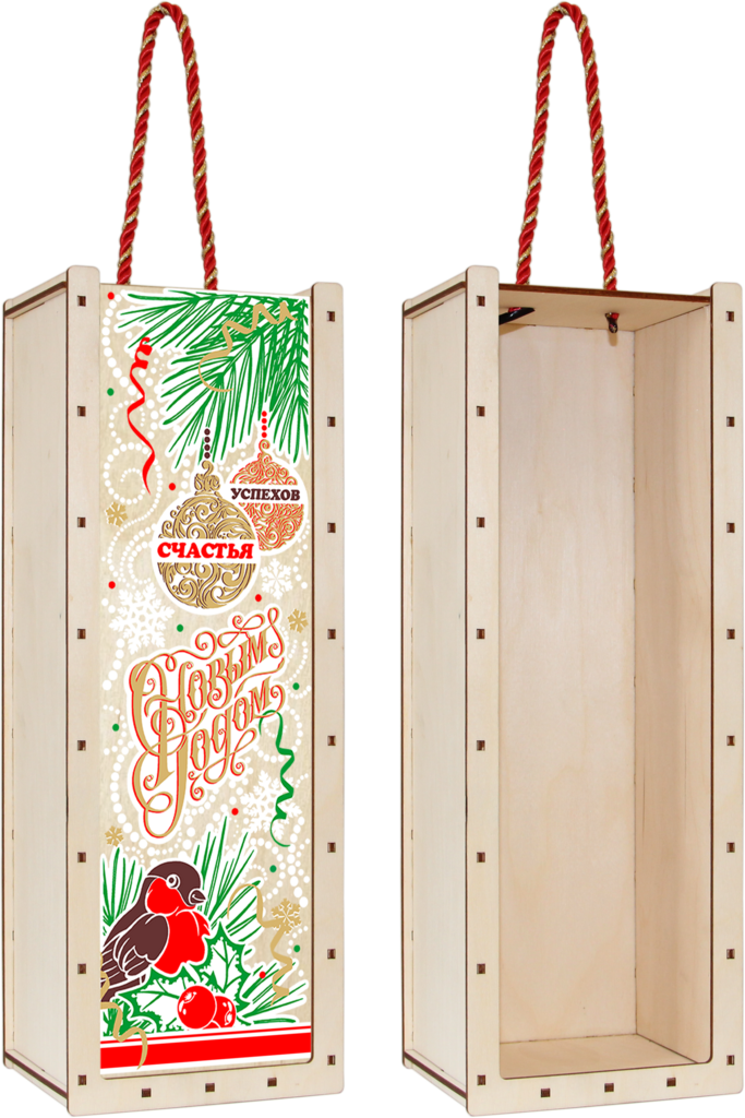 Ящик деревянный «Шары на ветке» с шампанским/1 секция