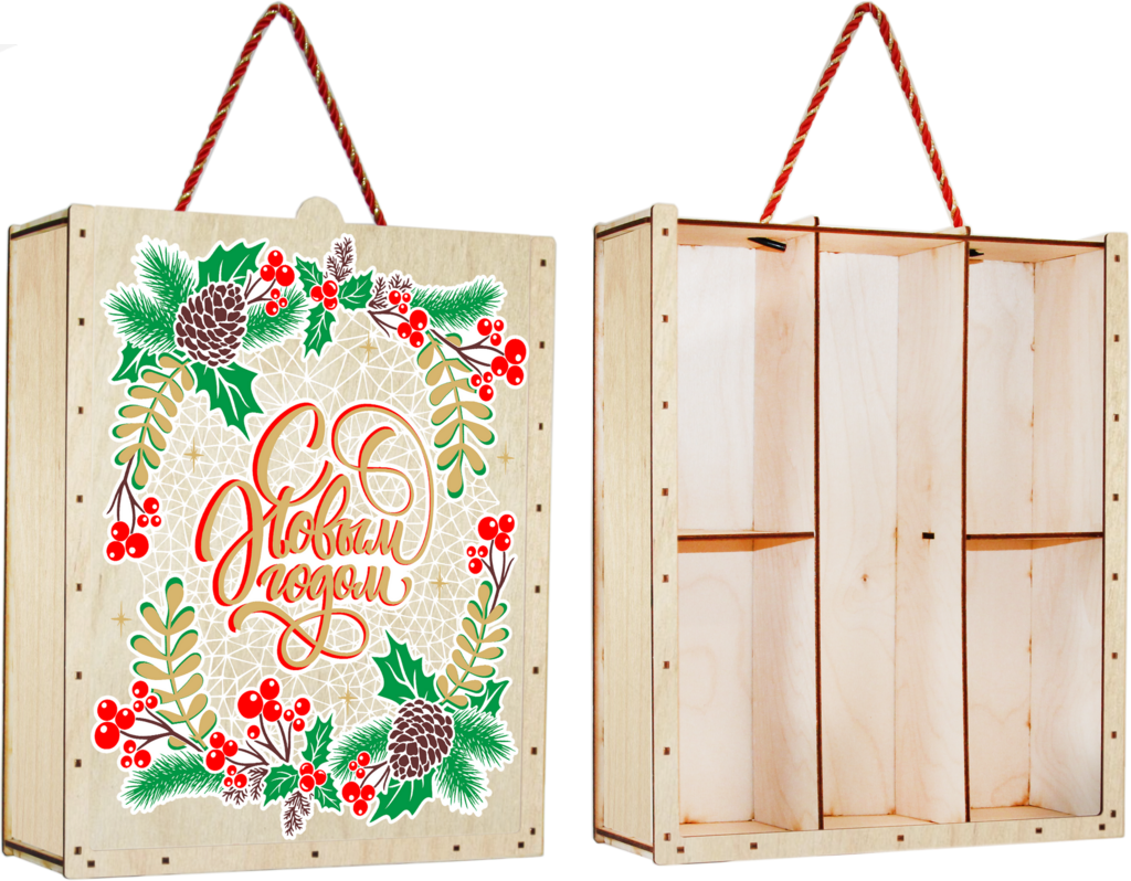 Ящик деревянный «Новогодняя гирлянда» с шампанским/5 секций