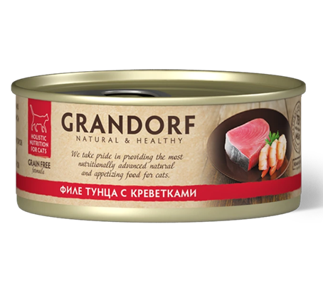 GRANDORF для взрослых кошек, влажный корм из филе тунца с креветками, 70 г