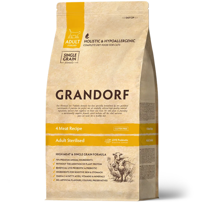 GRANDORF для стерилизованных кошек и кастрированных котов, 4 вида мяса
