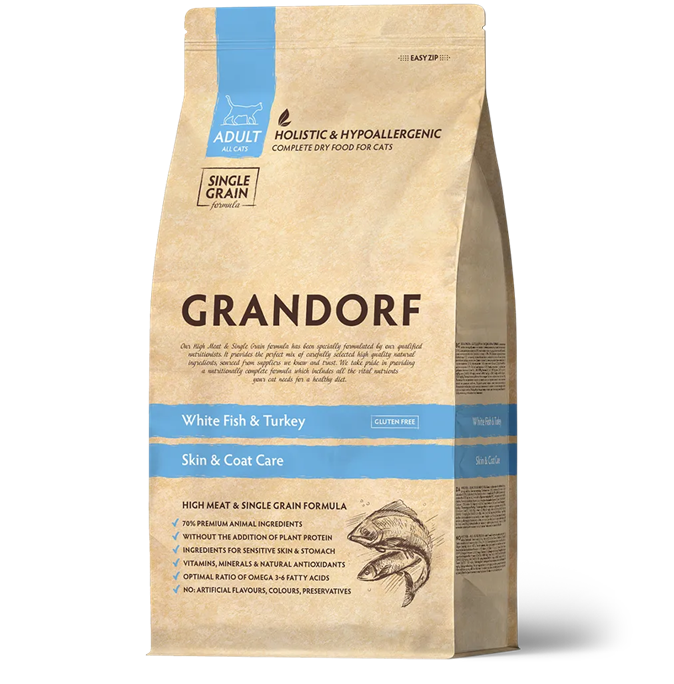 GRANDORF для взрослых кошек с чувствительной кожей и шерстью с белой рыбой и индейкой