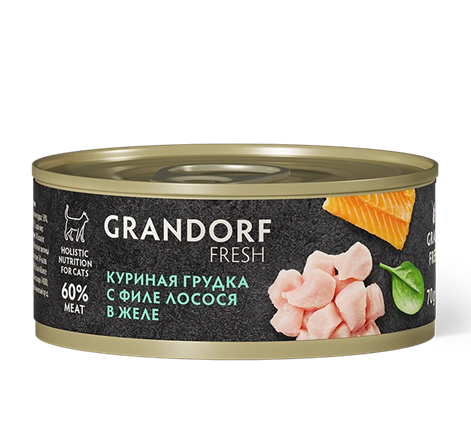 GRANDORF FRESH для взрослых кошек, влажный корм с куриной грудкой и филе лосося в желе, 70 г