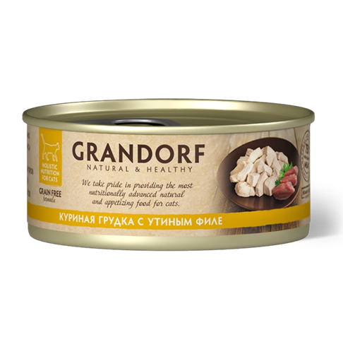 GRANDORF для взрослых кошек, влажный корм с куриной грудкой и утиным филе, 70 г