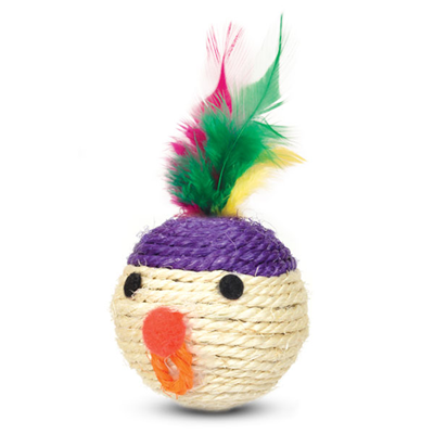 Игрушка для кошек из сизаля "Мяч-мордашка с перьями"