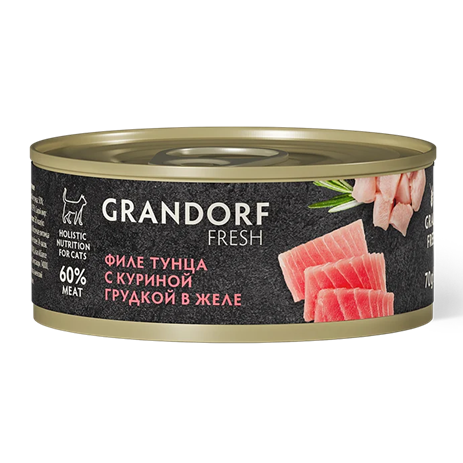 GRANDORF FRESH для взрослых кошек, влажный корм Филе тунца с куриной грудкой в желе, 70 г
