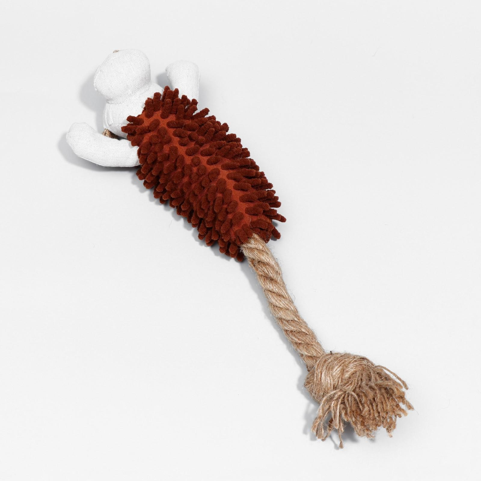 Игрушка мягкая для собак "Пёс" с пищалкой и канатом, 39*11 см, коричневая