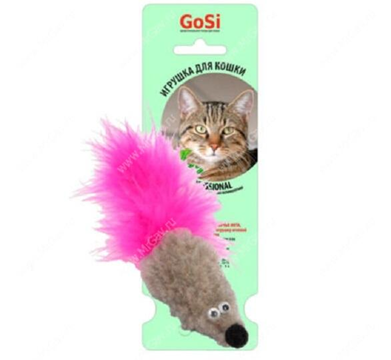 GoSi  Игрушка для кошек Мышь с кошачьей мятой, хвост-перо марабу серая 20см