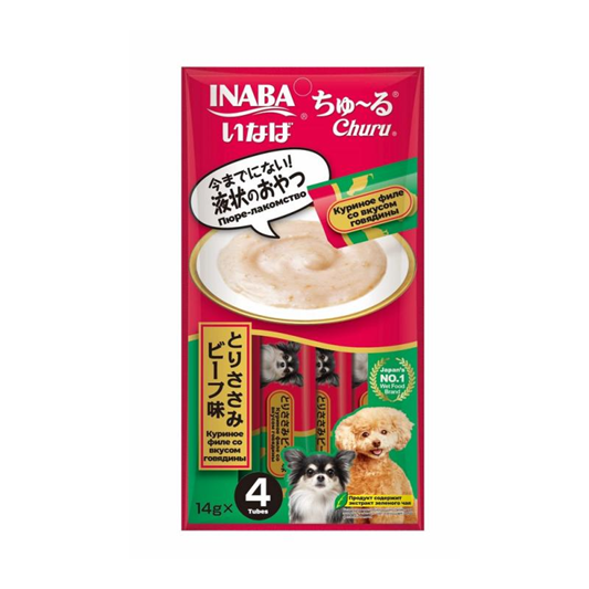 INABA Churu Крем-лакомство пюре для собак Куриное филе со вкусом говядины, 14 г х 4 шт.