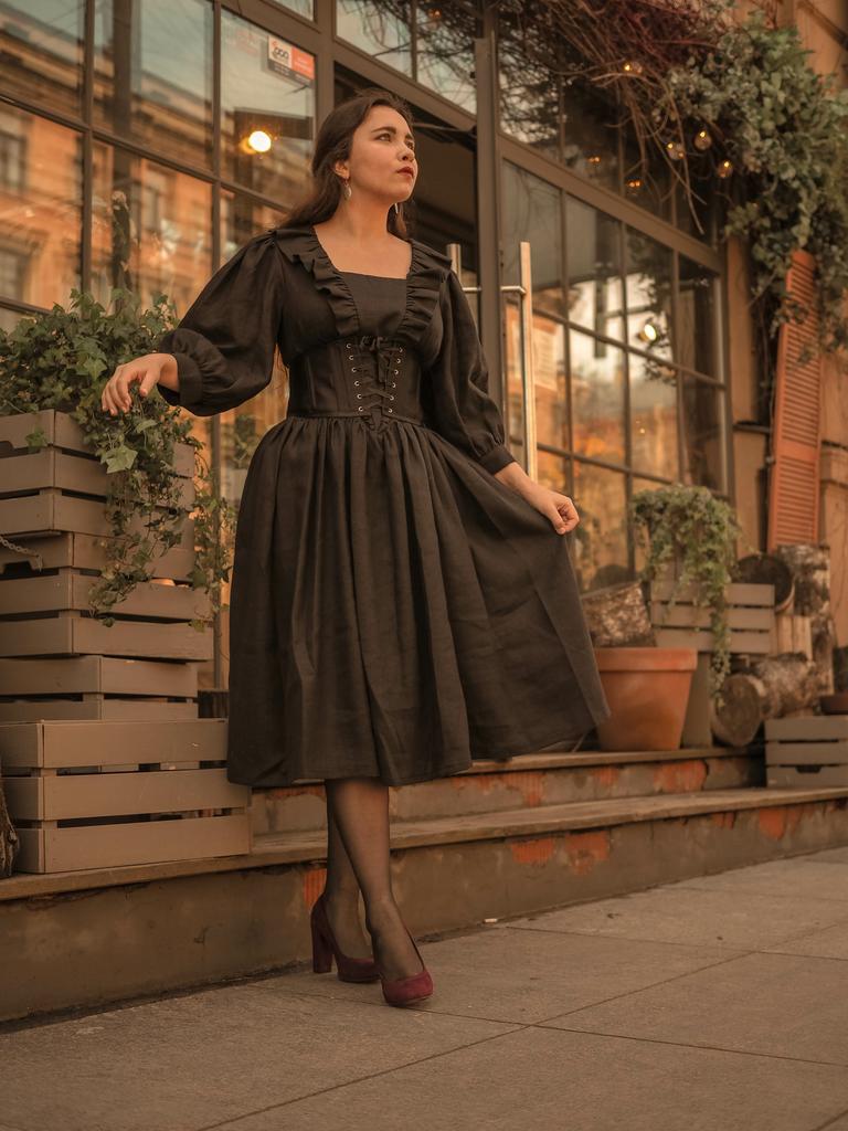 Платье "Таинственный сад" - черный лён